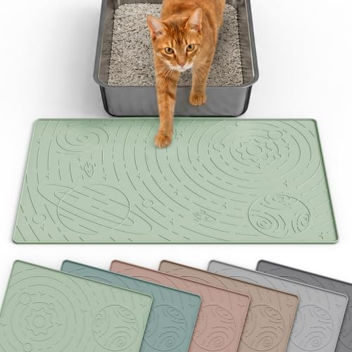 OHMO Small Cat Litter Mat for Tray, Space Pattern, 48x30cm, Sage Green