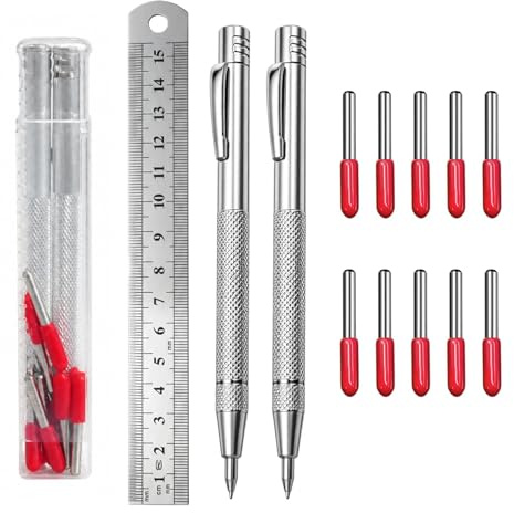 SEASJHBAY Set di strumenti per tracciare con 2 aghi in acciaio al tungsteno, 10 punte di ricambio, righello in acciaio da 15 cm e coda magnetica, per strappare e incidere metallo, vetro, piastrelle