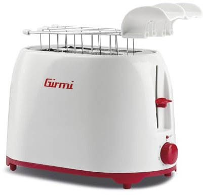 Girmi TP10 Toaster, 750 W, Edelstahlzangen, 7 Bräunungsstufen, Krümelschublade, Automatische Abschaltung, Weiß/Rot.
