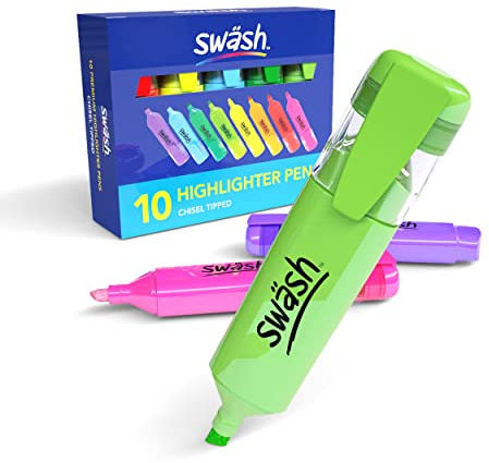 SHOW-ME Swash HLP10A Chisel Tip Coloured Highlighter Pens Multipack (Pack of 10) for Pencil Case and Stationary Supplies Essentials
