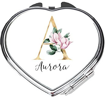 Personalised initial gifts customise with any alphabet letter A-Z add name or text - Golden floral alphabet - folding pocket mirror - silver heart shape