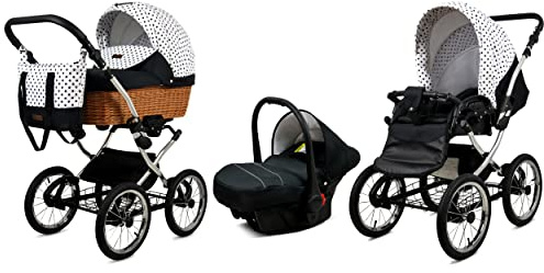 BabyLux Kinderwagen 3in1 mit Autositz für Kleinkinder – Kinderwagen für Neugeborene und Kleinkinder –– Baby Neugeborenen Kinderwagen – 59x105x125cm – Max 15kg – Black Dots Silver Frame