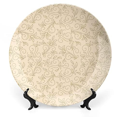 XISUNYA 6 Inch Decorative Plate, Beige Tableware Plate, Doodle Curved Floral Motifs Boho Art Print Ceramic Wall Hanging for Home Office Party Dinner Table Decor
