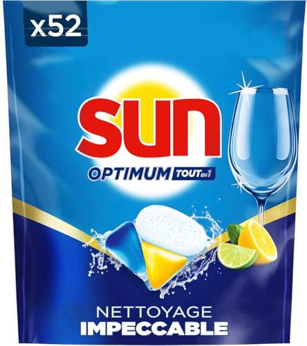 SUN - Optimum Pastilles Lave-Vaisselle Tout en 1-52 capsules - parfum agrumes - nettoyage impeccable - tablettes efficaces même en cycle court