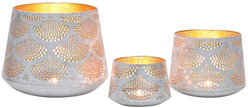 Marrakesch 3er Set Boho Deko Teelichthalter Windlicht 20cm groß weiß Gold | Kerzenhalter Kerzenständer Yazim als Aesthetic Deko für Wohnzimmer | skandinavische Windlichter als Balkondeko