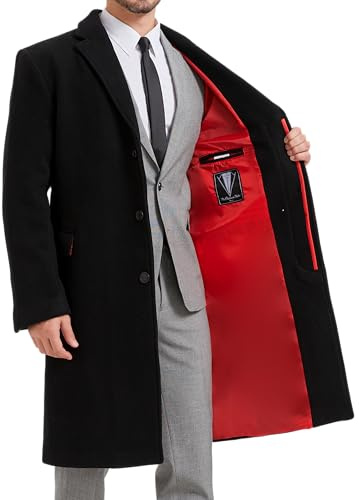 The Platinum Tailor Mens Black Overcoat Wool & Cashmere Covert Warm Winter Bond Coat Fully Lined (UK, Numeric, 44, Regular, Regular, Black - Red Lining)