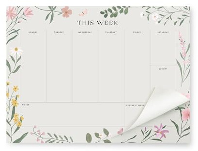Weekly Planner Pad - 52 Undated Tear Off Sheet Planning Pad with Daily Schedule & To Do List - A4 Organiser, Work Notepad and Meal Planner for Fridge, Wall & Desk - 100gsm, Floral, 28cm x 21cm