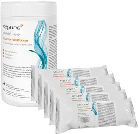 SEGUNA Desinfektionstücher-Set, 1 Dose + 5 Nachfüllbeutel mit je 150 gebrauchsfertigen Tüchern, Flächendesinfektionstücher