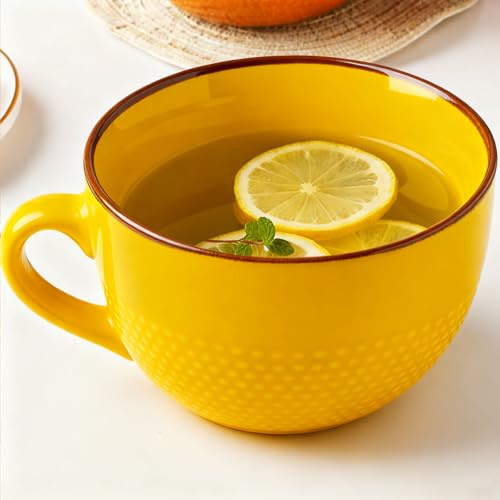Disoza Stor kaffekopp Gul XXL Kopp Keramik 700 ml Sopptallrikar med handtag Jumbokoppar Stor kaffe Te Kopp Müsli Soppor Kaffemugg Skål Skål Porslin Kaffekopp Sopptallrik med handtag