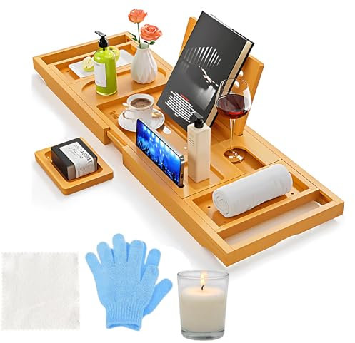 BritAura 5 Pcs Wooden Bath Tray Set, Foldable Adjustable Bathtub Caddy Tray with Candle & Mug Holder, Soap Dish, Face Cloth & Exfoliating Gloves,Extendable Bathtub Rack with iPad & Phone Holder