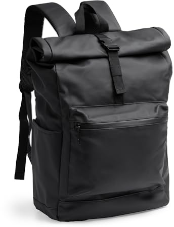 Vida Sol Mochila Multifunción Impermeable 21L de PU para Portátil 18,Diseño Expandible con Corchetes Laterales,Bolsillo Frontal Estanco,Cinta para Trolley,Ideal para Viajes y Trabajo,Negro