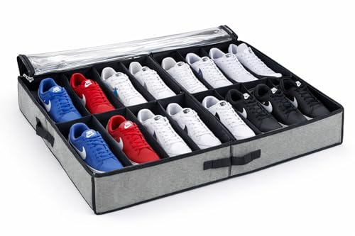 Organizer Scarpe Sotto Letto 12 Scomparti – Scatola Sneakers e Abbigliamento Salvaspazio con Coperchio Trasparente e Maniglie – Ideale per Letto Contenitore e Sottoletto– 60 x 75 x 13 cm