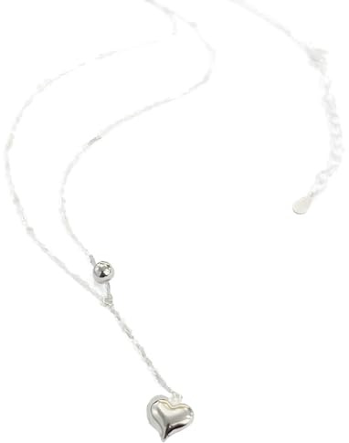 LYGBAOFUL 925 Sterling Silver Hjärthänge Halsband för kvinnor - Minimalistisk flödande tofskedja med tvärlänk (silver)