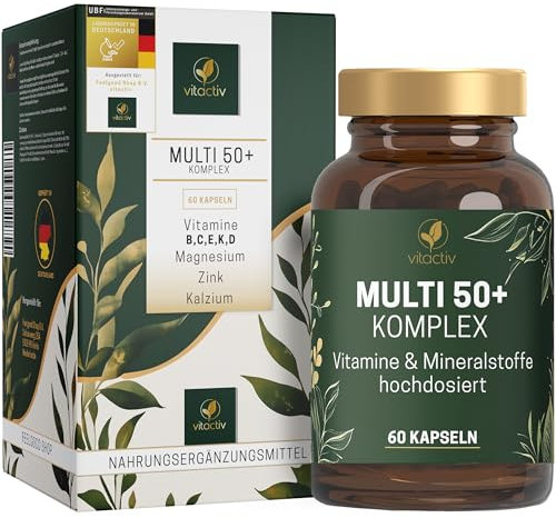 Vitactiv MULTI 50 plus - Multivitamin Komplex Menschen ab 50 - Vitamine, Mineralien, Spurenelemente - Vitamin B, C, E, K, D, Magnesium, Kalzium, Zink - Hochdosiert, Hormonfrei, ohne Jod - 60 Kapseln