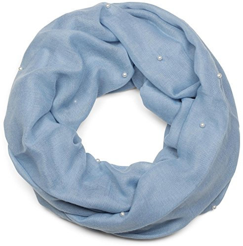 styleBREAKER Damen Loop Schal mit Perlen Applikation, Unifarben, Leichter Schlauchschal Einfarbig, Tuch 01016168, Farbe:Blau