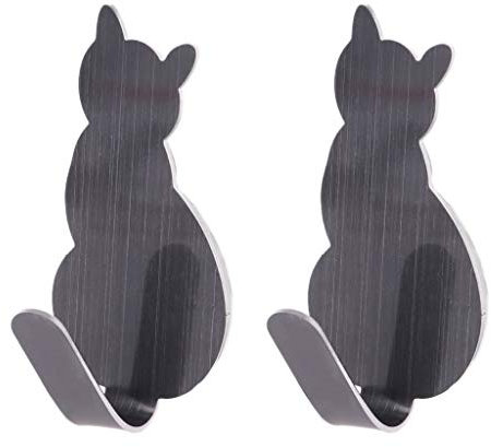 A0127 Crochet de Suspension en Acier Inoxydable et Adhésif, 2 Pièces, Gris, Chat/Kitten Shape, Durable, Fort, Montage Mural, Multi-surfaces, 0.5 kg, Cuisine, Maison, Salle De Bain, Salon