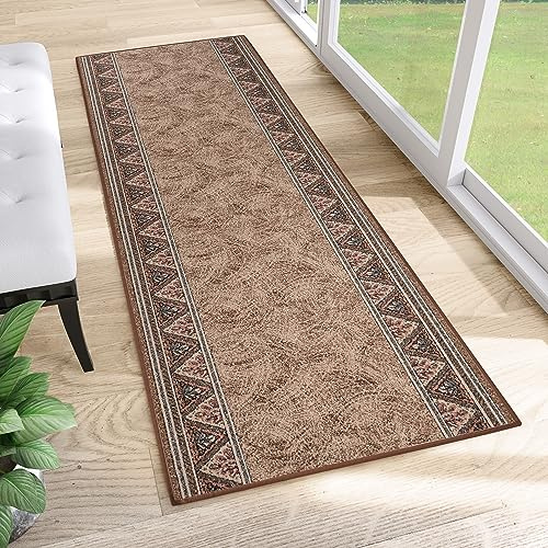 TAPISO Anti Rutsch Teppich Läufer rutschfest Brücke Meterware Oriental Floral Design Meliert Braun Beige Flur Küche Wohnzimmer 67 x 160 cm