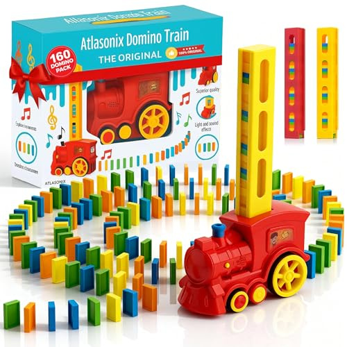 Atlasonix Domino Train Set da 160 pezzi per domino per bambini, prepara automaticamente la tua esperienza di rally per ragazzi e ragazze dai 3 agli 8 anni, rosso