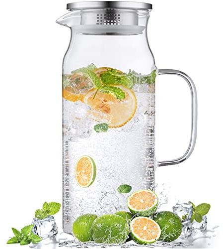 Bivvclaz 2 Liter 68 oz Glass Pitcher with Lid and Handle, Glass Carafe for Hot/Cold Water, Large Iced Tea Pitcher for Coffee, Juice and Homemade Beverage