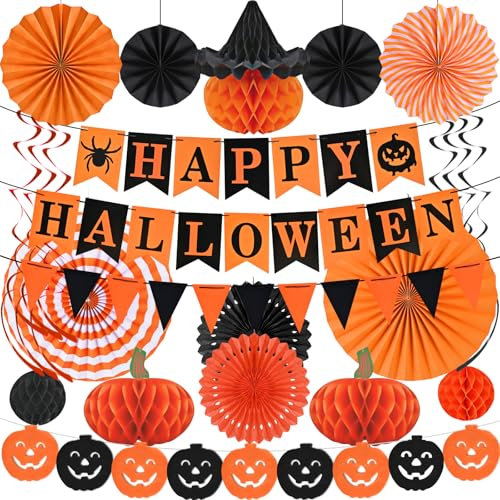 AhfuLife Halloween Party Banner Decoration Set, Reusable Happy Halloween Paper Banner for Home, Hanging Honeycomb Balls for Halloween Indoor Decorations