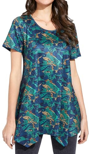 Enmain Tunic Tops for Women UK Short Sleeve Ladies Tunics Casual Summer Tunic Top for Leggings Loose Blouses T Shirts Navy Blue Paisley M