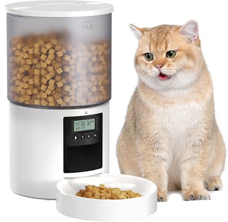 Automatic Cat Feeder: Cat Food Dispenser with Programmable Timer - Intelligent Cat Bowls with 10s Voice Recorder - Electric Dog Feeder Support 1-6 Meals Button Control White 4L