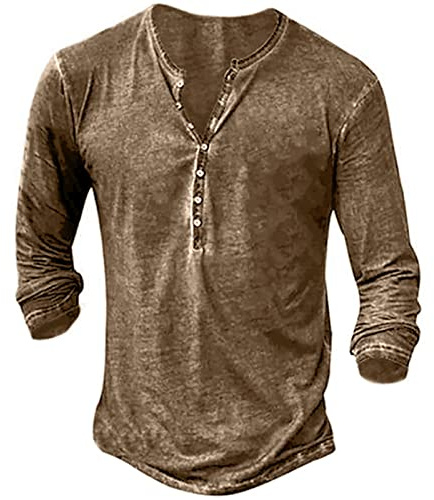 Rodawu Mens Polo Shirts Cotton Muscle Fit T Shirts Button Down Henley Shirts Golf Tops Long Sleeve Khaki T Shirt M