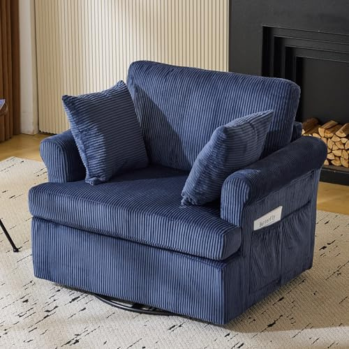 VINGL 39.2 Wide 360° Swivel Accent Armchair with 2 Pillows, Oversized Single Sofa, Chair and a Half with Side Pockets and Wide armrest for Living Room, Bedroom, Reading Room, Corduroy Blue