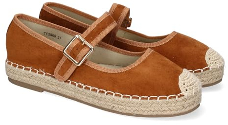 Espadrille Ballerine pour Femme en Jute, Design Moderne avec Bout brodé et Fermeture à Boucle pour Un Confort Optimal, idéale pour Le Printemps-été. Chameau Talla 36