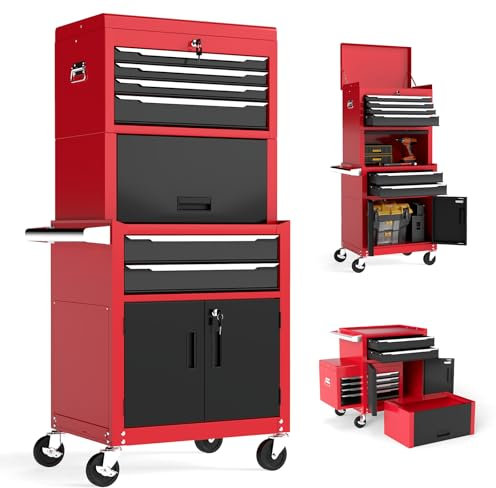 COSTWAY Large Tool Cabinet, Lockable Metal Tool Chest Combo with Detachable Top Cabinet, Wheels, 6 Drawers & Hooks, Heavy-duty Rolling Toolbox Trolley (3-in-1, with Middle Compartment, Red+Black)