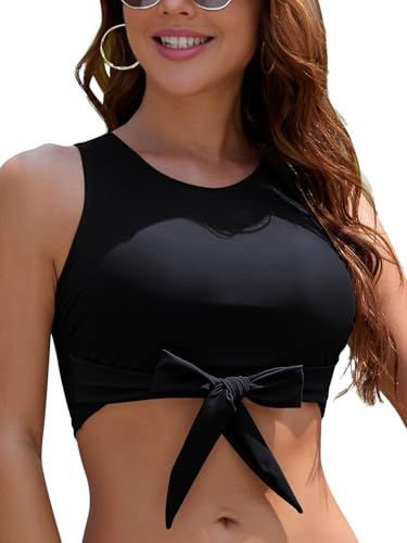 SHEKINI Haut de Maillot de Bain Femme Push up Bikini Top de Col Haut Front Knot Crop Top Rembourré Amovible Haut Court Séchage Rapide Swimsuit pour Natation Plage