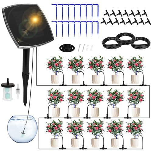 Sistema de Riego Solar para Jardín, Riego por Goteo Automatico Kit Solar con 12 Programas de Riego Manguera de 15 m Vacaciones Balcón Terraza Invernadero y Plantas Ecológico y Ahorro de Energía