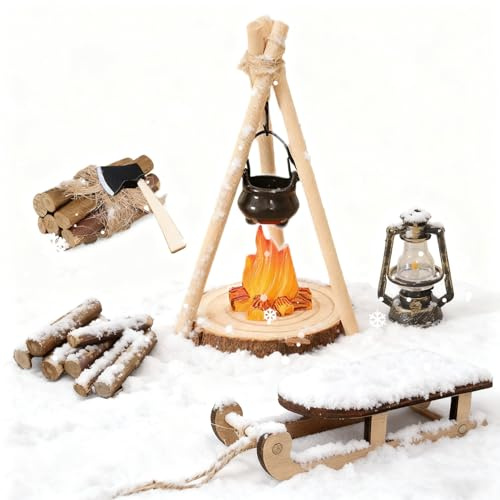 Spetsbst tomte tillbehör jul, tomtetillbehör inklusive miniatyr lägereld/träsläde/panna/lykta/yxa/konstsnö, stencil krubbtillbehör dockhus tillbehör