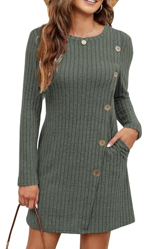 Koerye Donna Maniche Lunghe Vestiti Pullover Elegante Vestito Maglione Scollo Rotondo Abito in Maglia a Coste Linea ad A Svasato Midi Abito Invernale Verde,L