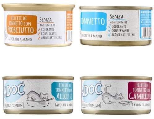 ADoC Cat Gatto Cibo Umido per Gatti SHELTER BOX 64 Lattine DA 85 gr - Gamberetti Alicette Prosciutto Tonnetto