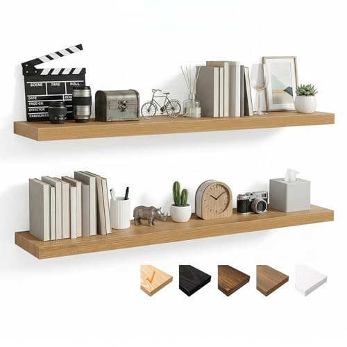 RICHER HOUSE Ek vägghylla, 100 x 23,5 x 3,8 cm, väggskiva, MDF-trä, set om 2 | Trähylla vägg med osynliga fästen, svävande hylla för sovrum, vardagsrum, badrum, kök, tvättstuga, kontor