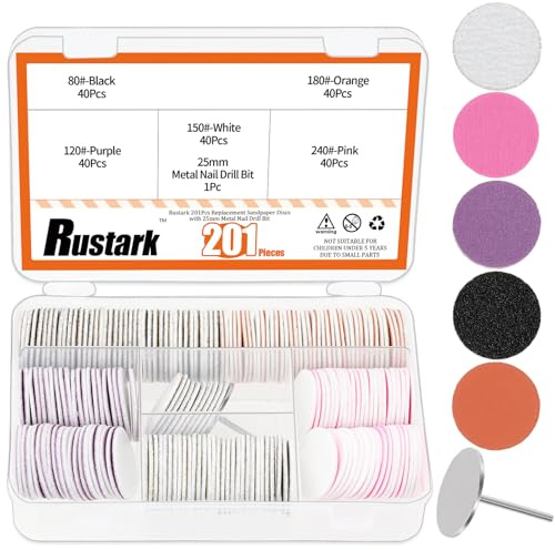 Rustark 201Pcs 5 Colors Sanding Paper Disc with Metal Nail Drill Bit Kit #80#120#150#180#240 Grit Round Pedicure Replacement Sanding Discs for Foot Files Remover Dead Skin Polishing Craft