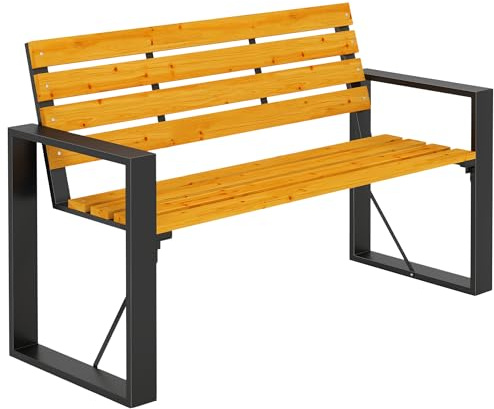 Outsunny Banco de Jardín Exterior de 2 Plazas, Banco Exterior con Respaldo y Asiento Listonado de Madera, Reposabrazos y Marco de Acero, para Patio, Terraza, 136x54x82 cm, Natural