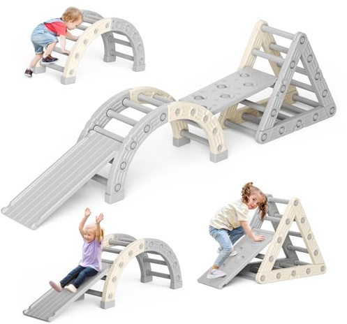 Othlaver Montessori Triángulo de escalada, estructura de escalada con escalera triangular, escalera arqueada y 2 tablas de escalar, uniones reforzadas, cubiertas antideslizantes para los pies, 50 kg