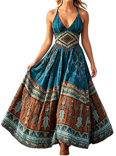 Robe d'été bohème pour femme - Style ethnique - Robe longue sexy à bretelles spaghetti - Sans manches - Col en V - Robe de plage - Robe de loisirs - Robe de vacances - Imprimé floral, O bleu., XL
