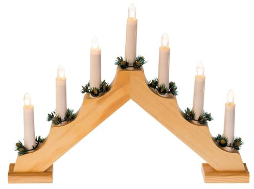 Idena 8582088 - LED Adventsleuchter mit 7 LED Kerzenlichtern in Warmweiß, Schwibbogen aus naturfarbenem Holz, mit Ersatzlampe und Schalter, Deko für Innen, als Winter-, Advents- und Weihnachtsdeko