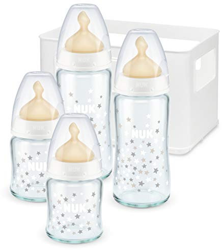 NUK First Choice Plus Starter Set Glas, mit 4 Babyflaschen inklusiv Latex-Trinksaugern und Flaschenbox, 0-6 Monate - Sortiertes Design
