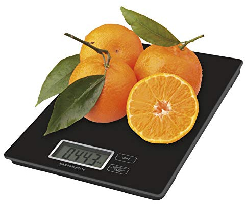 EMOS Küchenwaage aus Hartglas, Digitalwaage mit LCD Display, max. 5 kg, Lebensmittelwaage mit Wiegegenauigkeit 1 g und TARA-Funktion, batterie-betrieben, Auto-OFF, Schwarz