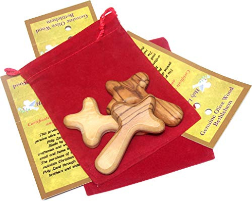 Holy Land Market Small Olive Wood Pocket Comfort Holding Cross Package with Velvet Bag & Lord's Prayer Card - The Holding or Hand Cross (2 inches) (3)