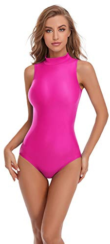speerise Women Mock Neck Sleeveless Leotard Spandex Dance Bodysuit Hot Pink L