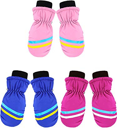 SATINIOR 3 Pairs Winter Snow Mittens for Kids Waterproof Ski Mittens Windproof Unisex Gloves for Children Outdoor Activities(4-8 Years,Rose Red, Pink, Blue)