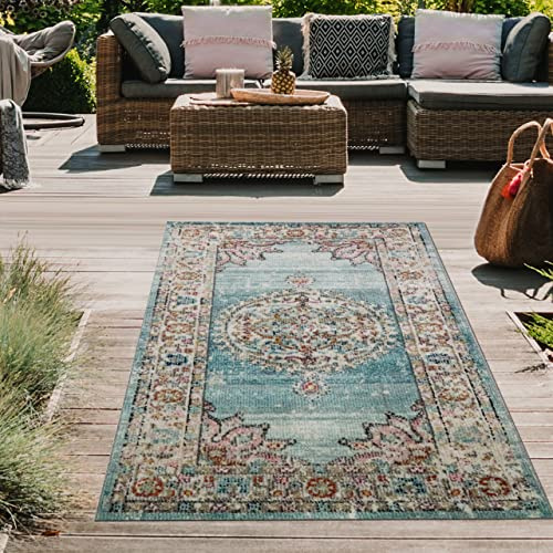 Teppich-Traum Tappeto orientale da esterno per soggiorno Tappeto vintage in blu crema Größe 60x110 cm