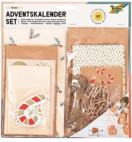 folia 9383 - Adventskalender-Set Falala, 97-teiliges DIY Bastel-Set zur Gestaltung eines individuellen Adventskalenders mit eleganten Geschenk-Tüten