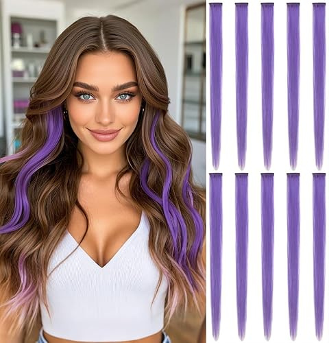 10 Pcs Colored Hair Extensions Clip for Women 22 Inch Colorful in Hair Extensions Straight Synthetic Hairpieces for Fashion Party Hair Accessories（Straight,Purple）