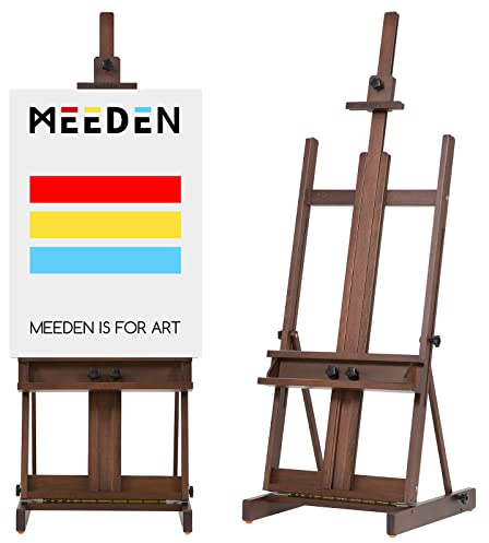 MEEDEN Chevalet de studio en bois de hêtre de 134,6 cm à 231,1 cm de haut, peut contenir des toiles jusqu'à 198,1 cm, grand chevalet professionnel en H avec plateau de rangement, chevalet de sol
